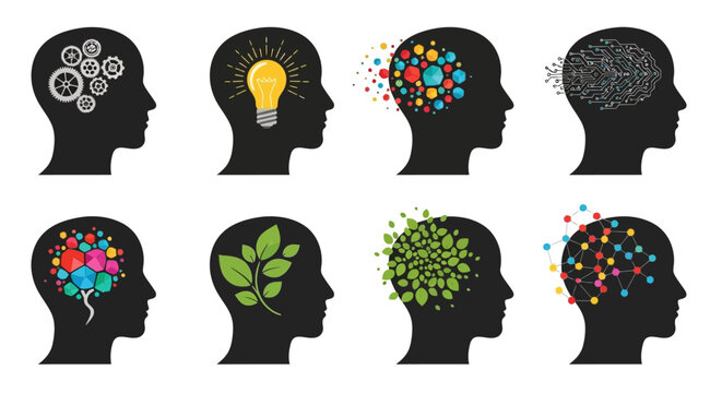 Human head silhouettes with various thought processes and ideas.
