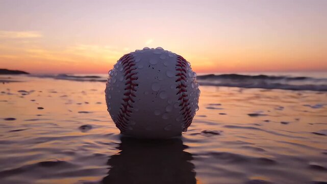 Cinematic drone shot of a single baseball resting on the edge of a serene beach with soft water ripples and a vast clear horizon at sunset