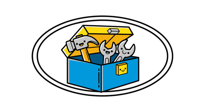 Cute Cartoon Toolbox with Happy Tools: Hammer and Wrenches