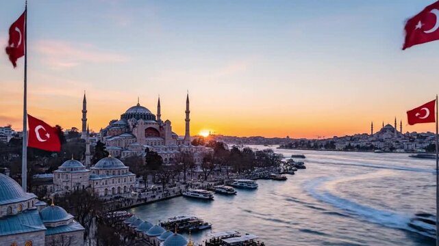 Beautiful Sunset Over Istanbul Bosphorus and Hagia Sophia Mosque with Turkish Flags on 29 October Republic Day