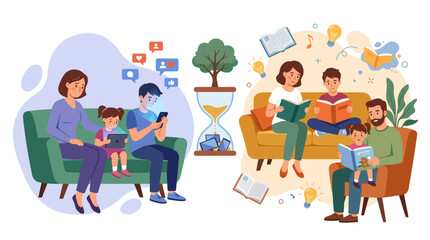 Fototapeta premium Illustration of two diverse families with children engaged in reading and using digital devices in a stylized, colorful setting with various objects and icons.