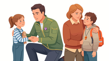 Fototapeta premium Illustration of a man kneeling and giving a girl a badge as a woman and a boy watch on with a plain white background.