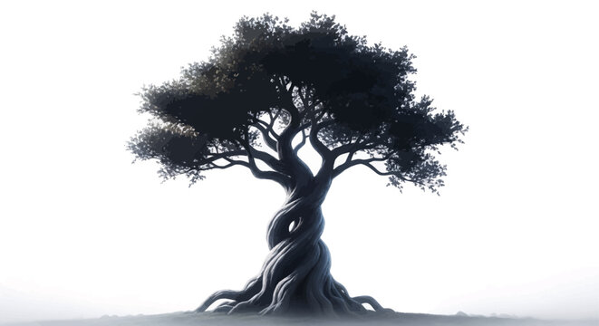 Black silhouette of a tree with twisted trunk and roots