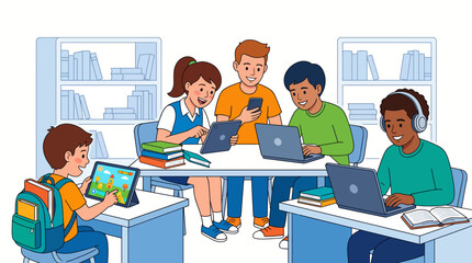 Illustration of a diverse group of children using laptops and tablets while sitting at desks in a library with bookshelves in the background, conveying a learning and educational mood. © Gali