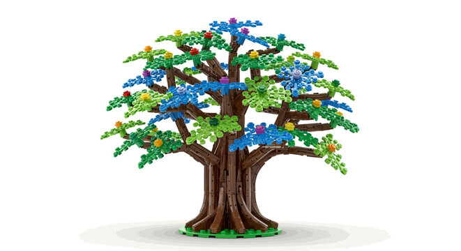 Colorful lego tree with green leaves and blue flowers