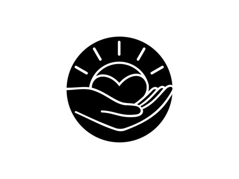 mental health care logo han holding sun and heart healing hope community badge vector hands black sun black