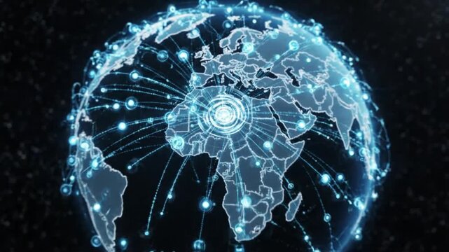 Glowing blue digital world map with connections on a dark background with stars, showcasing global network and communication.