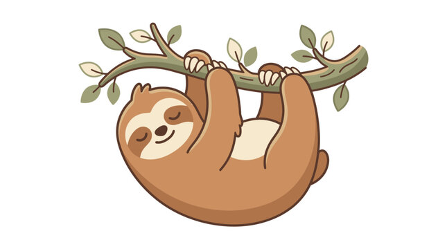 Cute cartoon sloth sleeping while hanging from a tree branch.