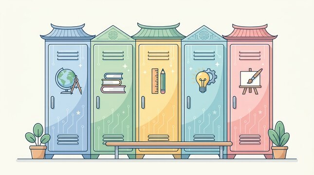 Colorful row of school lockers with academic items and decorative plants