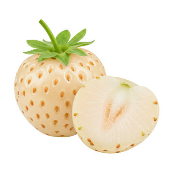 Extreme close-up macro of two photorealistic fresh pineberries on a pristine transparent background, one whole with green stem, one sliced revealing white interior with yellow achenes, delicious
