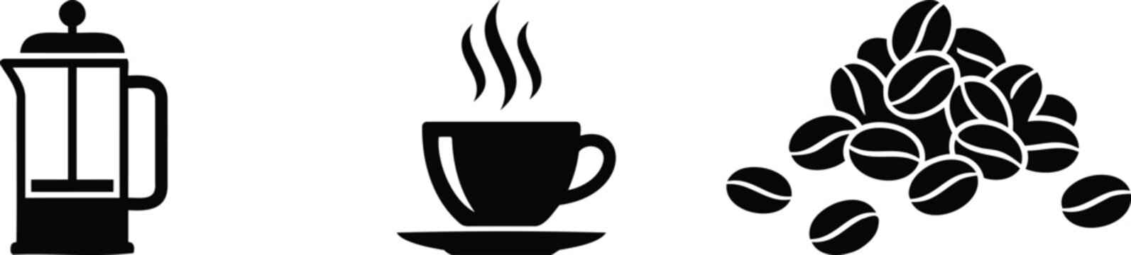 Coffee Silhouettes &ndash; French Press, Steaming Cup, Beans Icons for Caf&eacute; Art and Creative Design