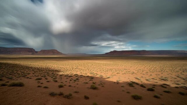 Desert landscape with approaching rainstorm and dramatic clouds
