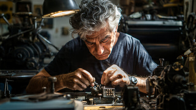 Focused craftsman meticulously working on a delicate mechanism.