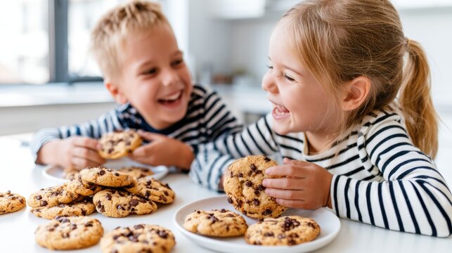 Happy young siblings enjoying homemade chocolate chip cookies in bright kitchen. Smiling children sharing sweet treats, family bonding, joyful childhood and home baking concept