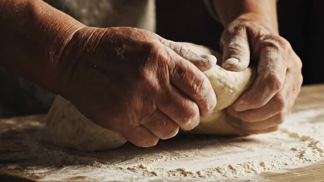 Hands kneading raw bread dough on flour surface.