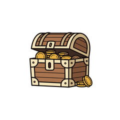 Illustration of an open wooden treasure chest filled with gold coins. © Siwit