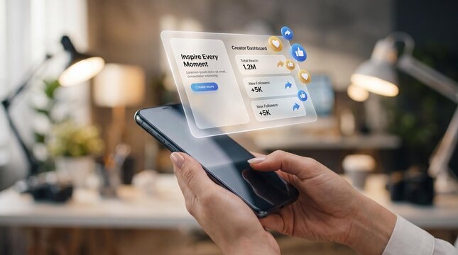 Hands holding smartphone with social media engagement metrics