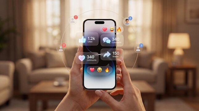 Hands holding smartphone with social media engagement metrics