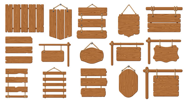 Large set of various rustic wooden signs planks and hanging boards for menus or directions on white background.