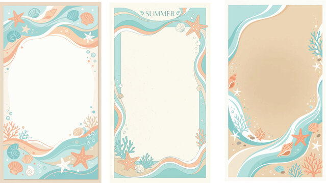 Collection of ocean themed border templates with sea stars and coral on sandy background for summer designs