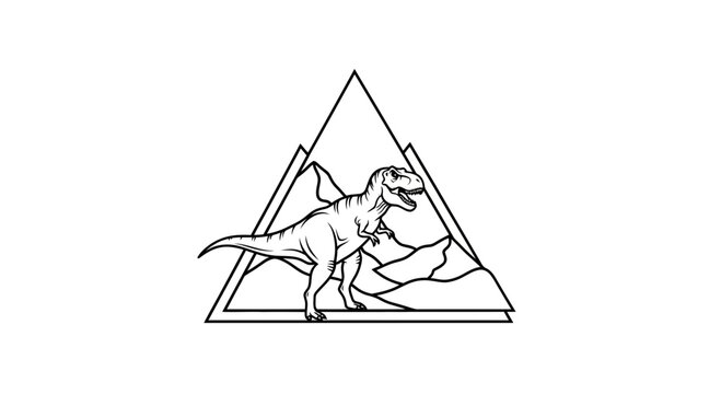 Dinosaur T-Rex in Geometric Mountain Landscape Line Art