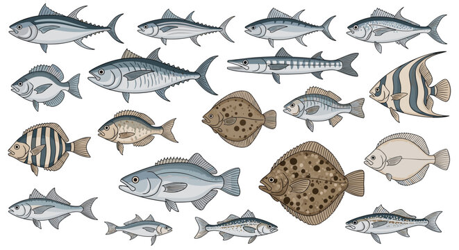 Extensive collection of different species of marine and freshwater fish in various sizes, shapes, and colors on white.