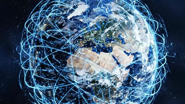 Earth with glowing global connection lines in dark space.