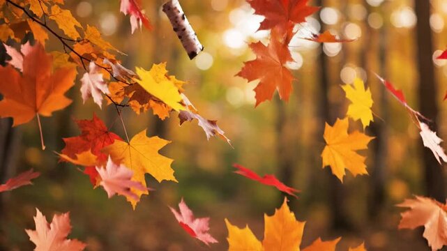 Gentle falling autumn leaves floating in air creating relaxing seamless looping background for meditation wellness content seasonal visuals and calm cinematic nature scenes in ultra high definition 4K