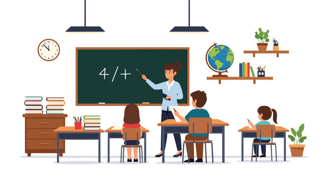 Female teacher explaining a math equation on a chalkboard to young students sitting at desks in a bright modern classroom.