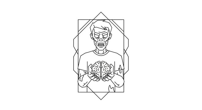 Zombie holding a brain, geometric frame, line art, horror, Halloween concept