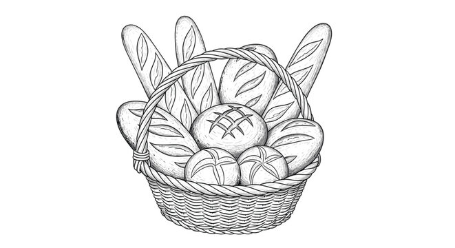 Woven wicker basket filled with an assortment of fresh bakery products including baguettes, round loaves, and crusty bread.