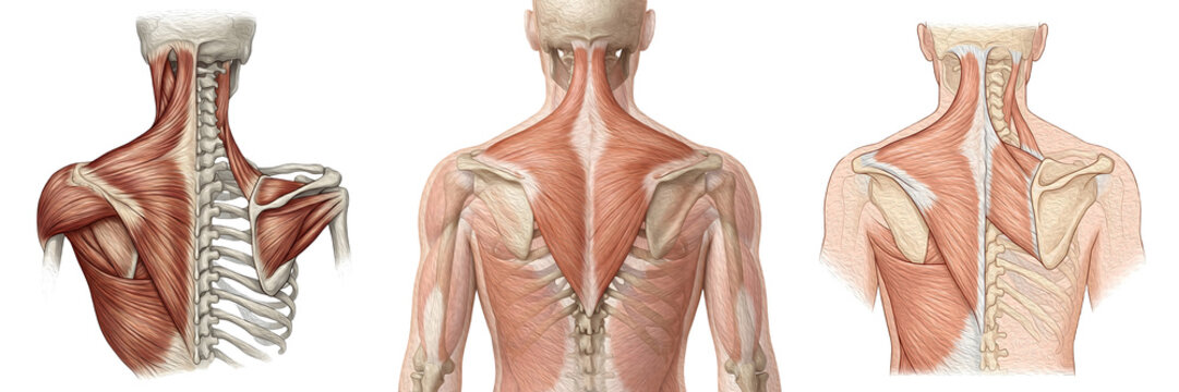 Human Upper Back and Neck Anatomy: Detailed Illustration of Trapezius, Rhomboid, and Scapular Muscles for Medical Education, Physiology, and Biomechanics Study