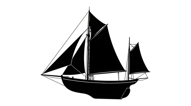 Minimalist black silhouette of a traditional two-masted schooner ship isolated on a white background.