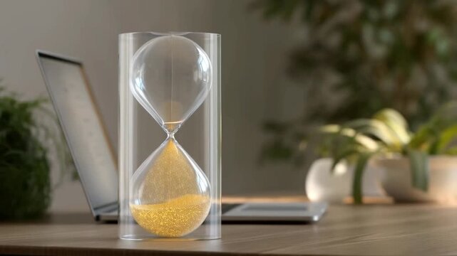 Elegant hourglass with golden sand flowing on a wooden desk, symbolizing time management, deadlines, and productivity in an office setting.