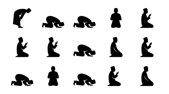 Islamic prayer positions silhouette icons set.