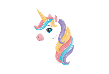 Cute unicorn head illustration with a colorful rainbow mane and a sparkling golden horn icon © tareq