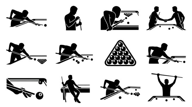 Black silhouette icons of people playing pool.