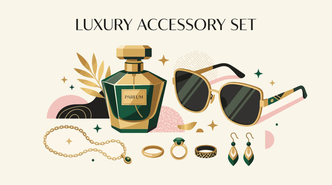 Luxury accessory set with jewelry, perfume, and sunglasses on display