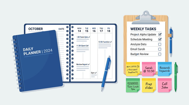 A daily planner book and calendar with tasks on a clipboard are organized on a table with colorful sticky notes and pens.