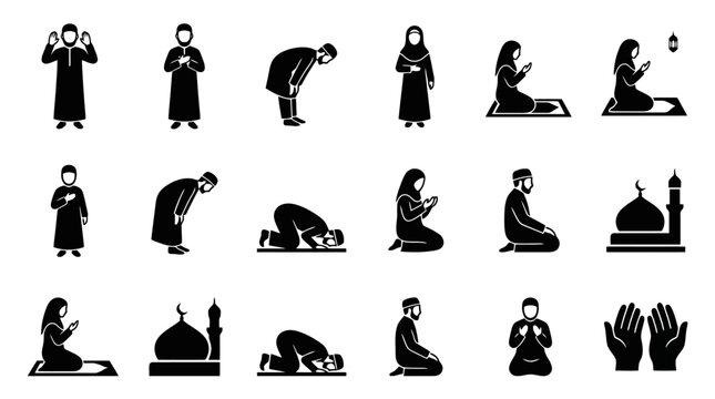 Islamic prayer positions and mosque icons.