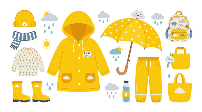 Rainy day outfit and accessories for kids in yellow color