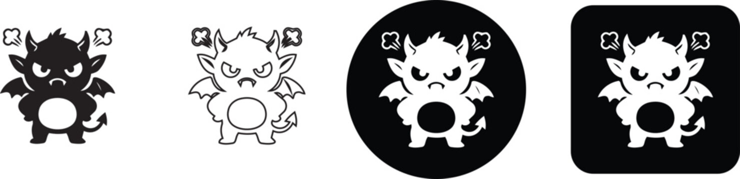 Cute angry little monster character with steam from ears vector icons