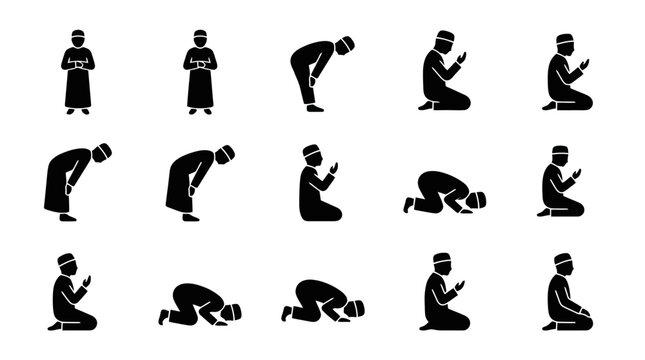 Islamic prayer positions illustrations set.