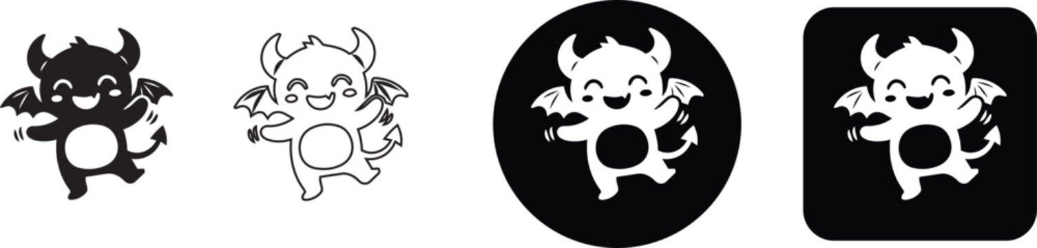 Playful little horned devil monster character icon sheet in four variations