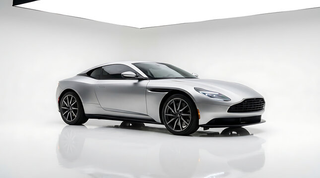 Luxury silver Aston Martin sports car in studio