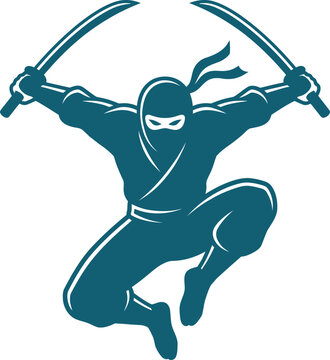 Dynamic ninja warrior illustration with dual katana swords in action pose