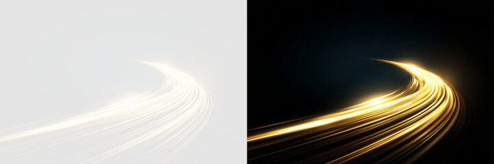 Dynamic glowing golden light streaks in curved motion with neon energy effect digital transparent png overlay for modern futuristic technology and abstract visual designs speed streak background fast © Anna Nasiedkina