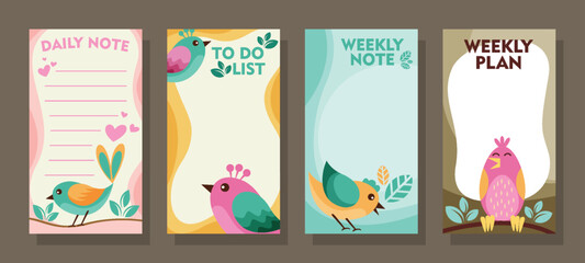 Fototapeta premium Colorful weekly planner and to-do list cards with birds