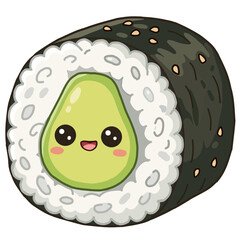 Cute cartoon avocado sushi roll character with kawaii face © Creative