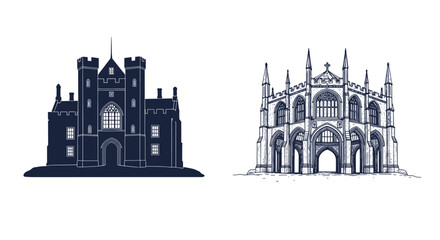 Obraz premium Two detailed architectural sketches showing a dark silhouette of a castle and a light line drawing of a gothic cathedral.
